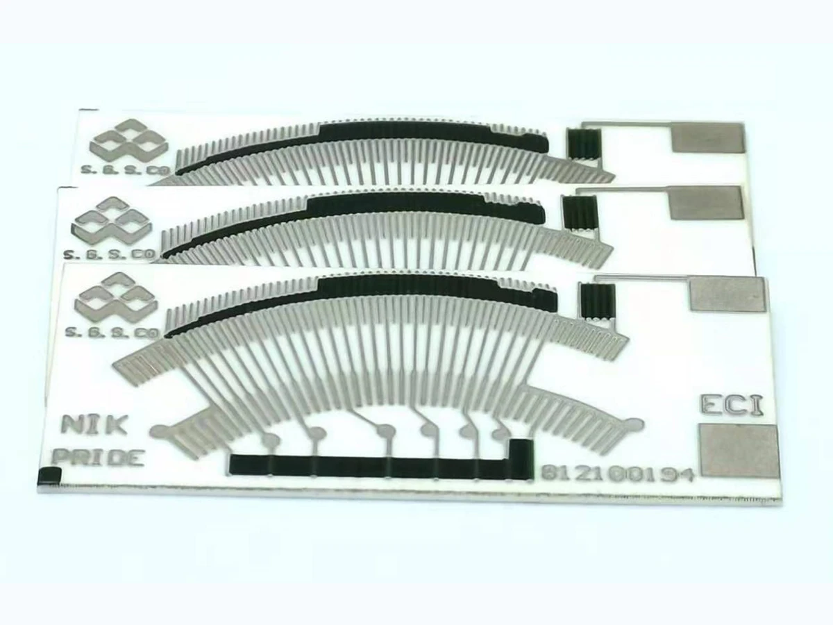 Verified complete linear position sensor resistor card with fan-shaped printed paths and terminal regions