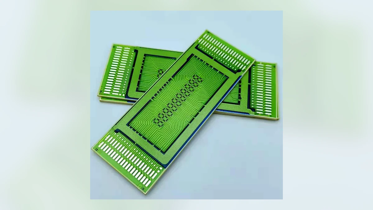 Three overlapping elongated green circuit forms with dense routing and end pad banks