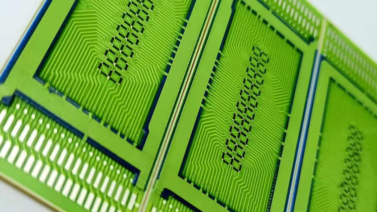 Close view of visible fan-out routing and repeated circuit features
