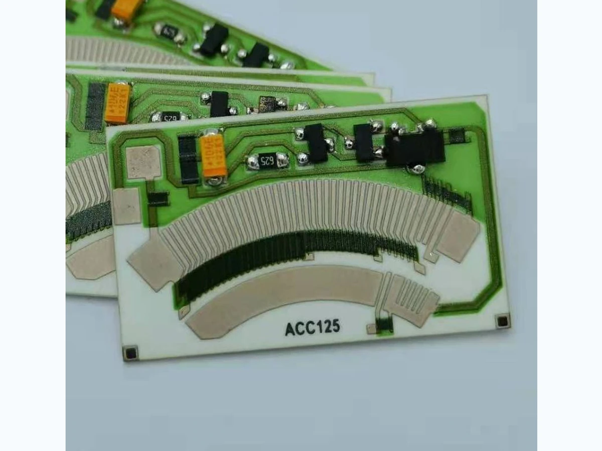 Verified complete rotary position sensor resistor card with printed arc tracks and mounted components