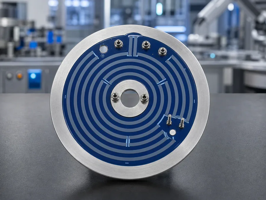 Actual stainless-steel thick film heating plate product photograph showing the printed heater area and terminals