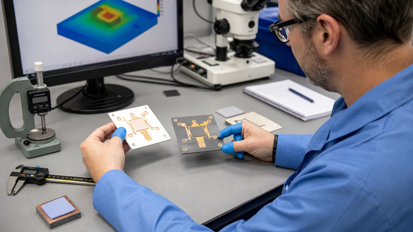 Generated engineering scene of a materials engineer comparing alumina and aluminum nitride ceramic substrates at a laboratory bench