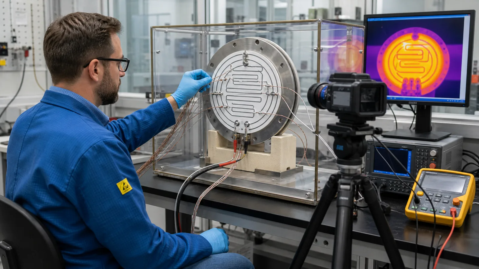 Generated engineering scene of a stainless-steel thick-film heater undergoing thermocouple and thermal-camera validation
