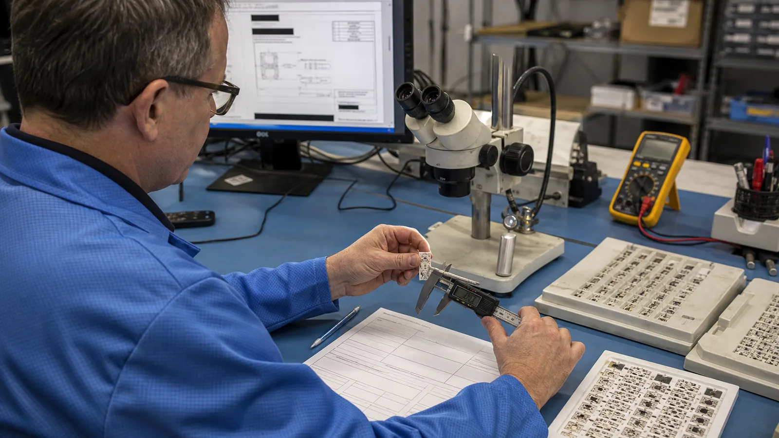 Generated engineering scene of a quality engineer reviewing a drawing and inspecting a ceramic circuit with a digital caliper