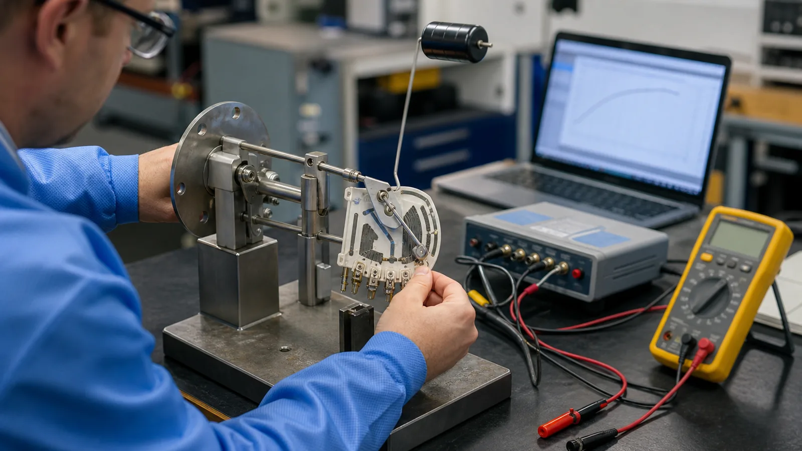 Generated engineering scene of a fuel-sender mechanism and ceramic resistor card being checked on a calibration fixture
